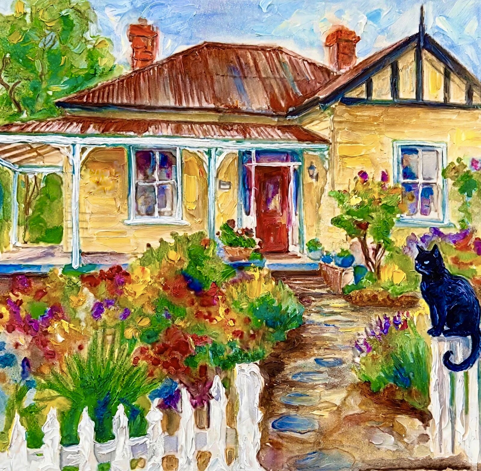 Hand-painted yellow cottage keepsake with black cat