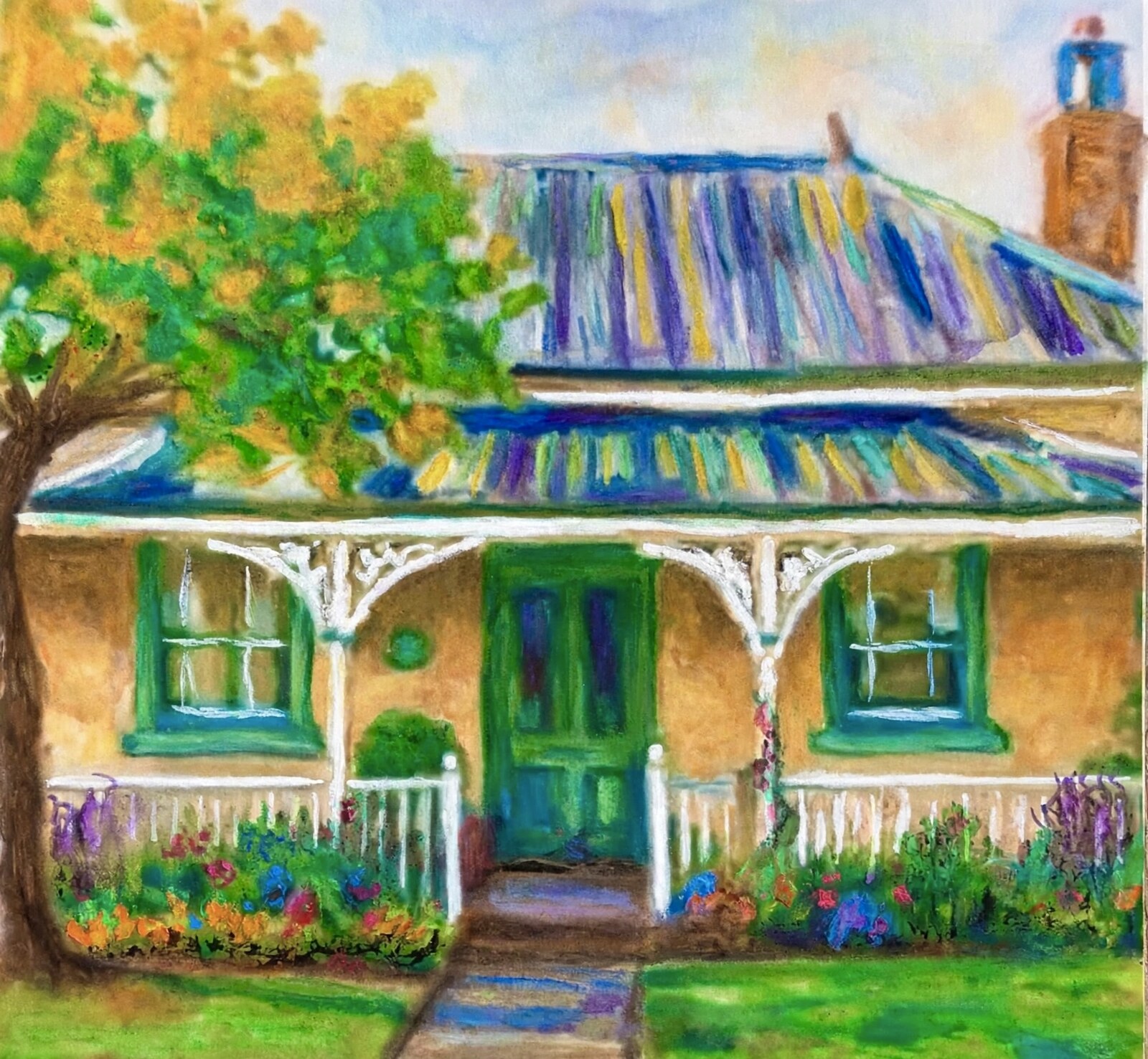 Pastel cottage keepsake with green door
