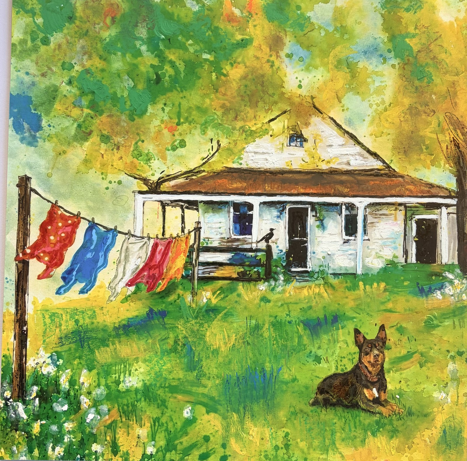 Farmhouse with clothesline, kelpie and magpie