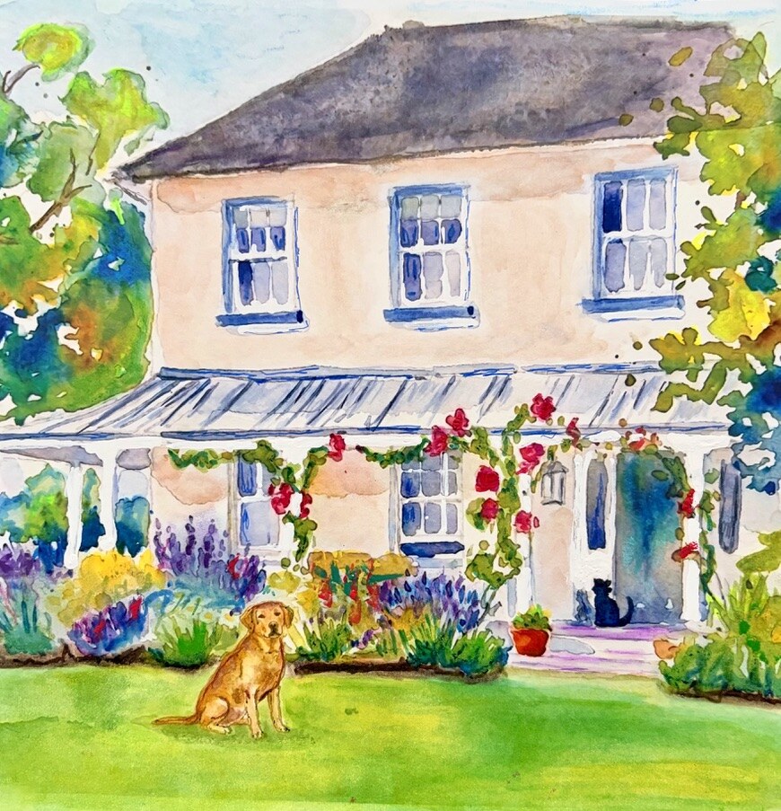 Cottage painting with labrador and black cat
