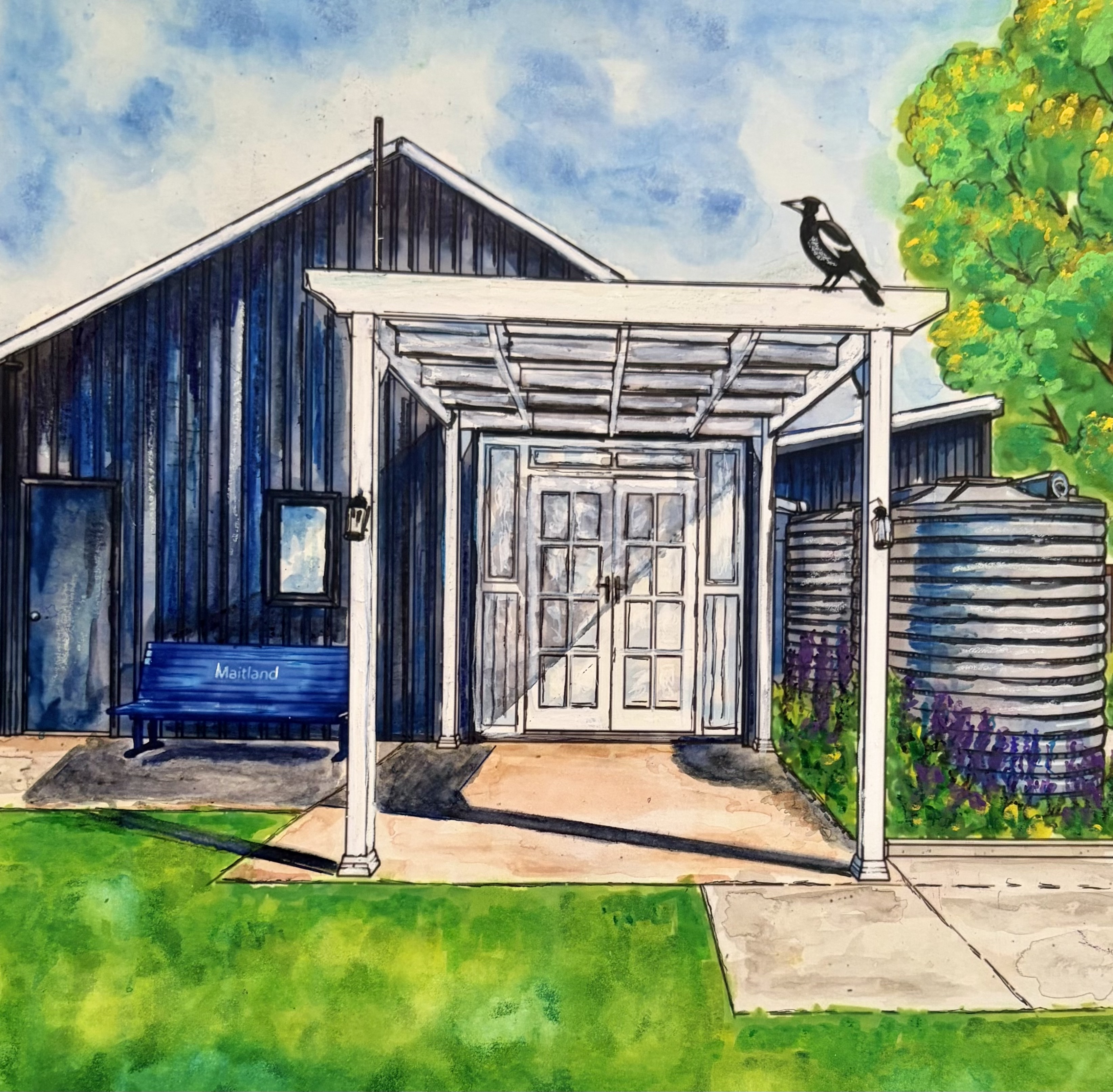 Beaufields homestead with kookaburra perched in gum tree