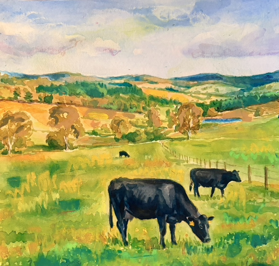 Painting of cattle grazing in a hazy green valley