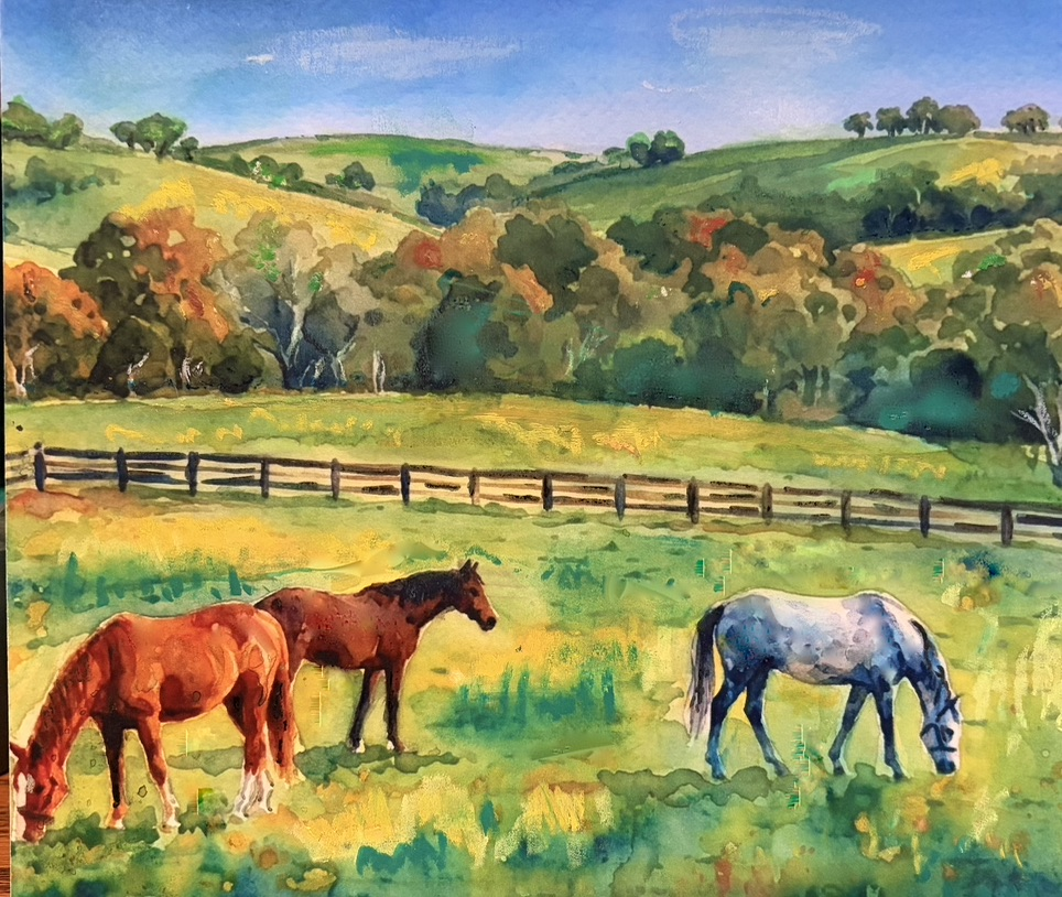 Painting of three horses grazing in an autumn paddock